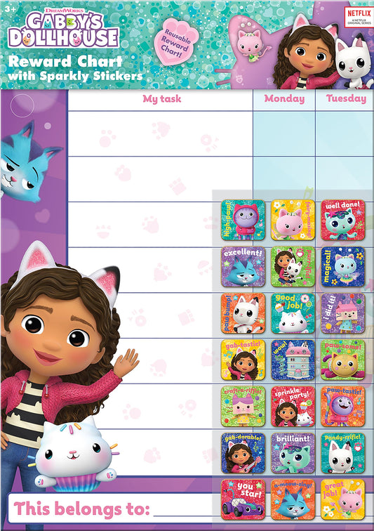 Paper Projects Gabby's Dollhouse reward chart with eight task areas.