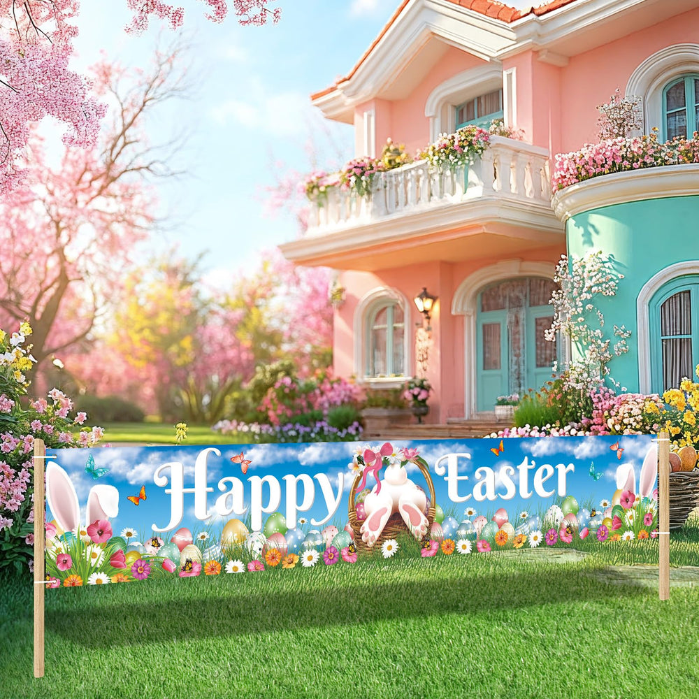 Papmiunm yard banner hang setup, easy to install on fences or trees.