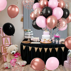 Paready party decor ideas featuring black pink rose gold color scheme