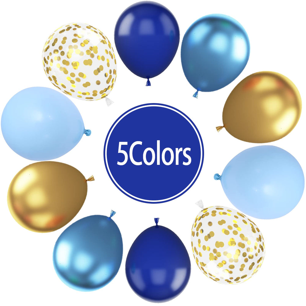 Paready blue-gold confetti balloons with ribbons for easy DIY decor.