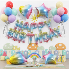 Paready gradient HAPPY BIRTHDAY banner 16in foil creates a bright photo backdrop.