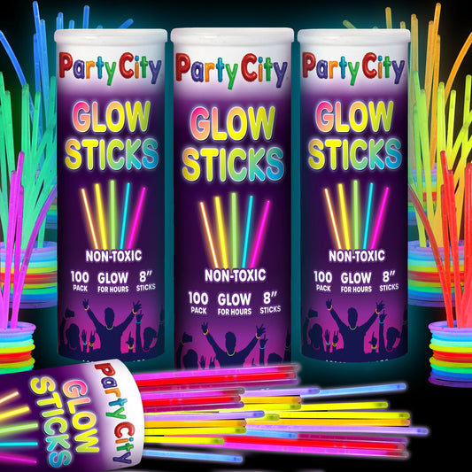Party City 300 Glow Sticks 8-inch pack glows brightly for vibrant party lighting and color coordination.