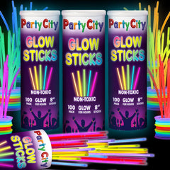Party City 300 Glow Sticks 8-inch pack glows brightly for vibrant party lighting and color coordination.