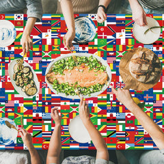 Party Greeting birthday decor tablecloth featuring world flag patterns