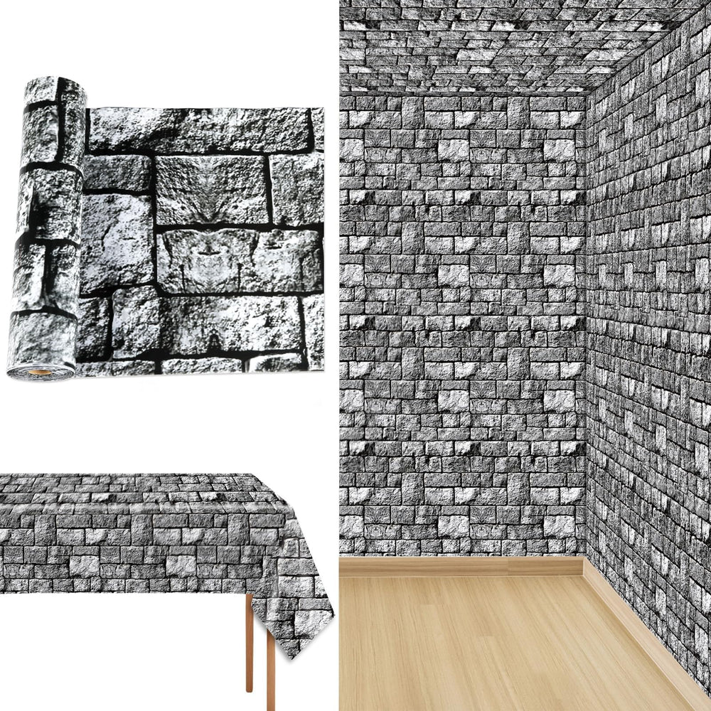 Party Greeting brick stone wall tablecloth creates medieval backdrop for tables.