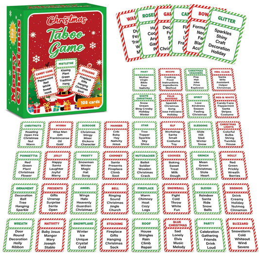 Party Greeting Christmas Taboo cards laid out for a lively family game night.