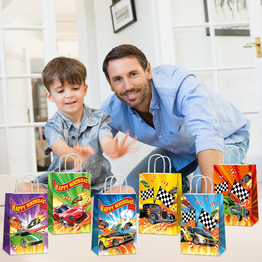 Party Greeting race car treat bags designed for candy and small gifts.