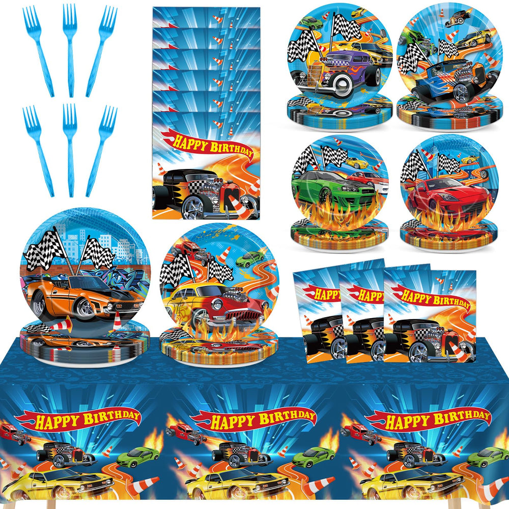 Party Greeting Race Car dinner plates with vibrant designs for kids' birthday celebrations.