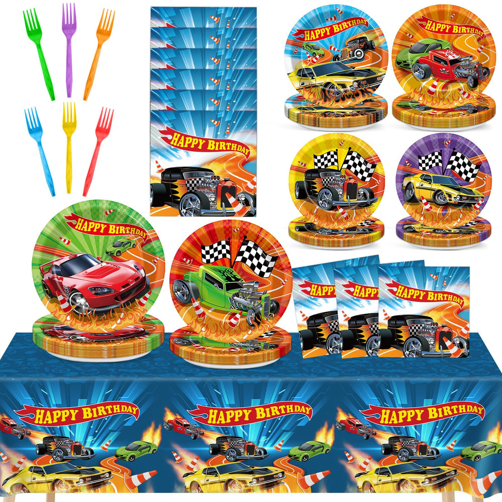 Party Greeting race car dinner plates showcase bold colors for a kid-friendly celebration.