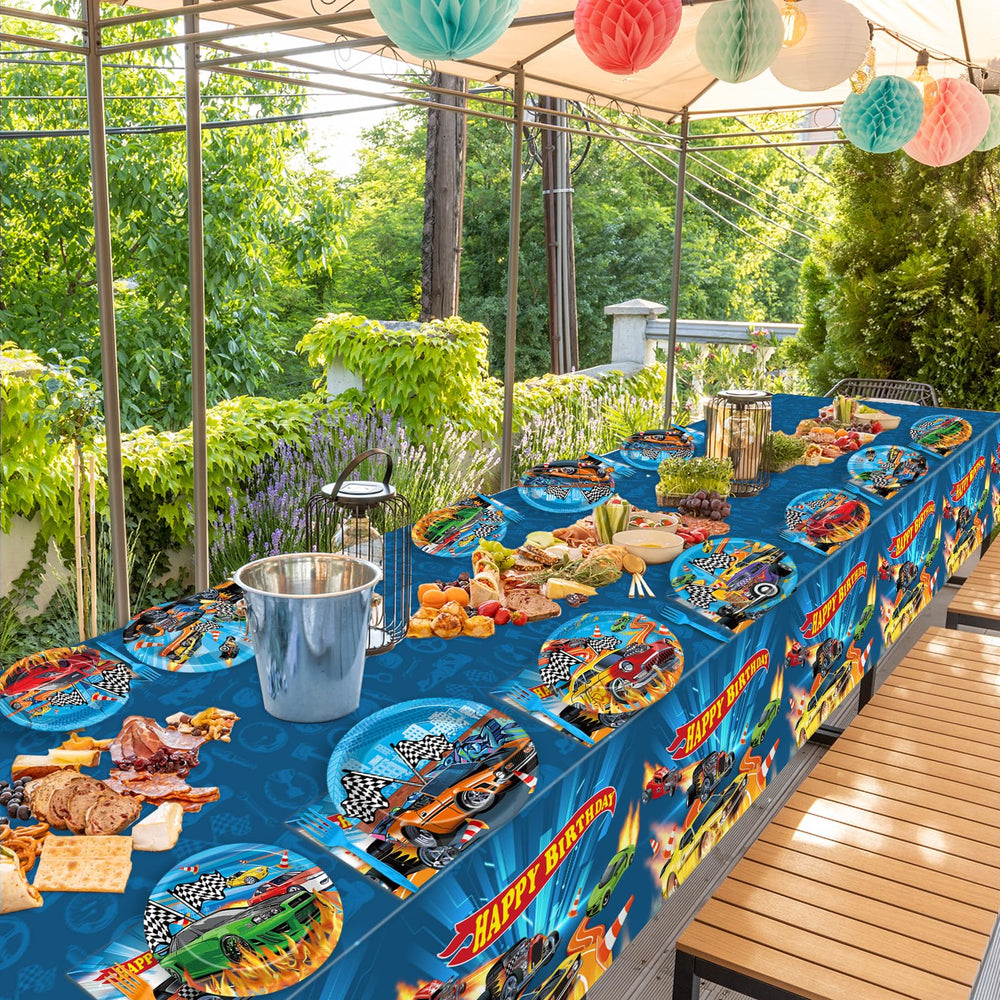 Party Greeting Race Car tablecloths shield tables during busy party moments.
