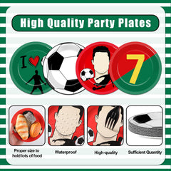 Party Greeting soccer plates displayed on table for easy color coordination.