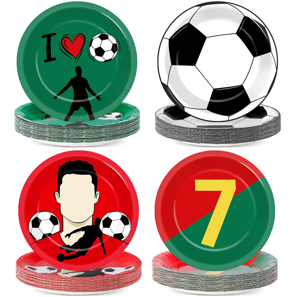 Party Greeting soccer plates with red-green soccer-ball pattern for vibrant table decor.