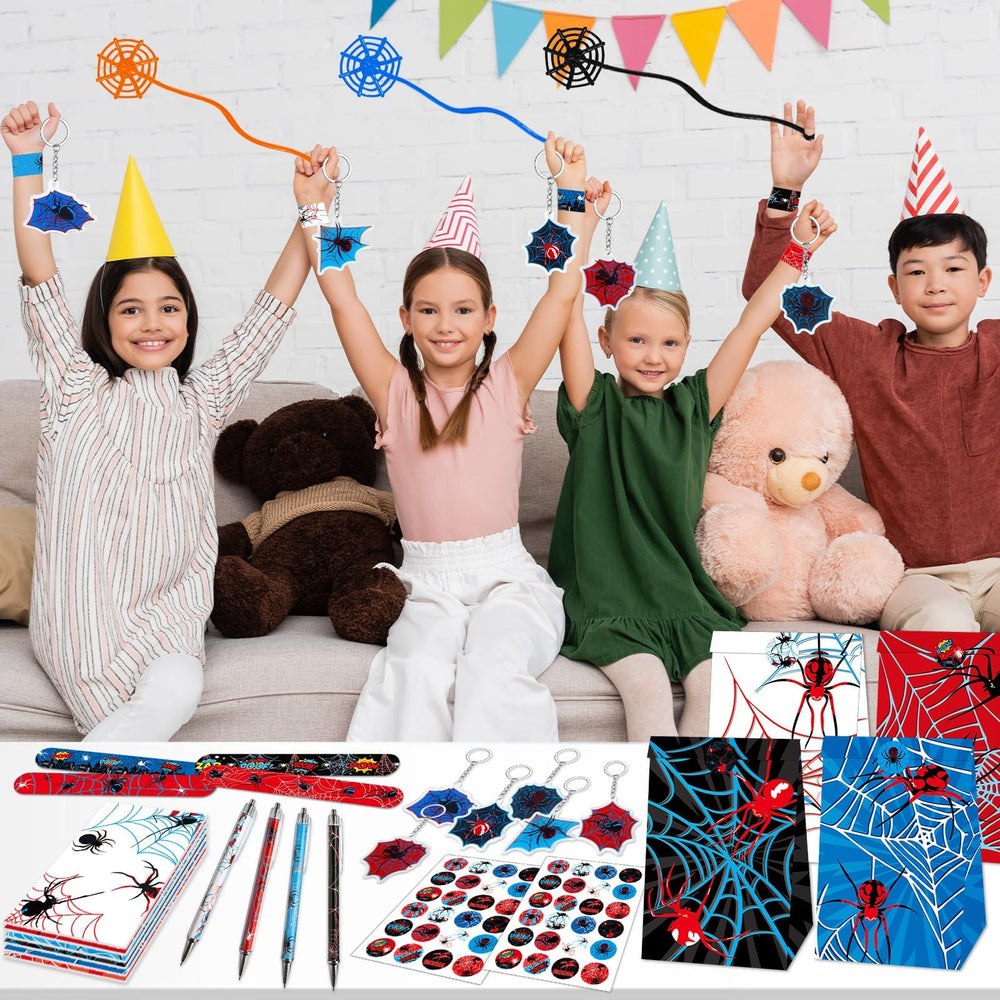 Party Greeting spider web key chains serve as memorable take-home favors.