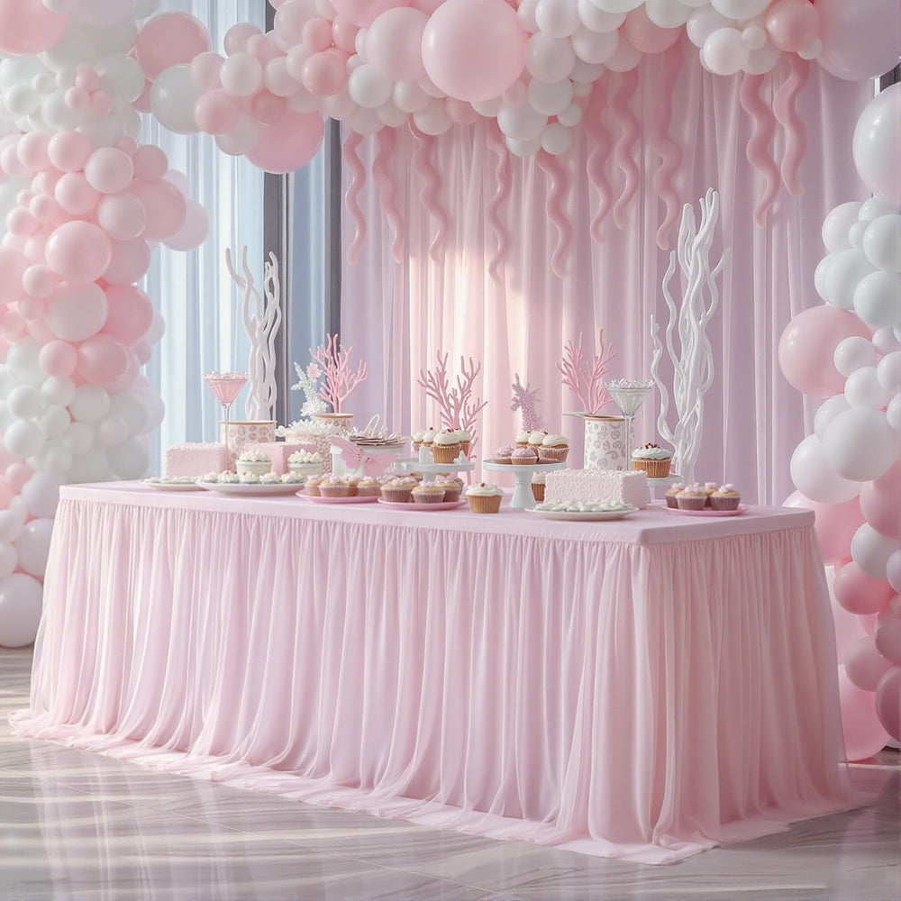 Party Talk pink tulle tablecloth with 6ft fit, front view for party tables.