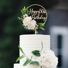 Party to Be Happy 50th birthday topper with 3D white roses elevates cake presentation.