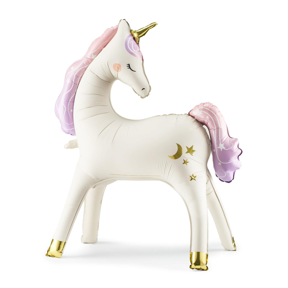 PartyDeco giant standing unicorn balloon, white foil, perfect centerpiece for birthdays.