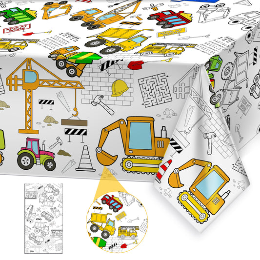 PartyGarden giant construction tablecloth spread across a table for a mess-free coloring session
