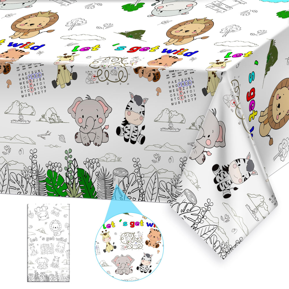 PartyGarden giant jungle coloring tablecloth ready for coloring at mealtime.