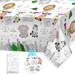 PartyGarden giant jungle coloring tablecloth ready for coloring at mealtime.
