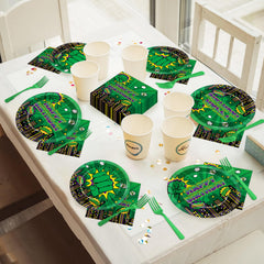 Party Greeting Green Hero city silhouettes create a superhero vibe for themed celebrations.