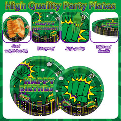 Party Greeting Green Hero napkins 6-5in ready for snacks and spills during hero party.