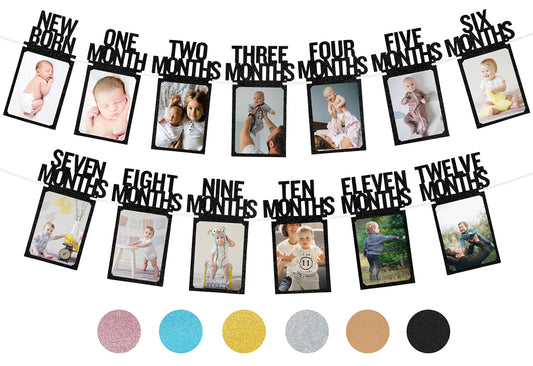 PartyHooman first birthday photo banner with frames for milestones.