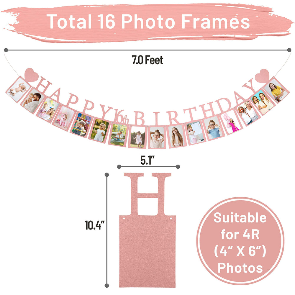 PartyHooman Sweet 16 banner photo frames insertion area supports 4x6 photos.