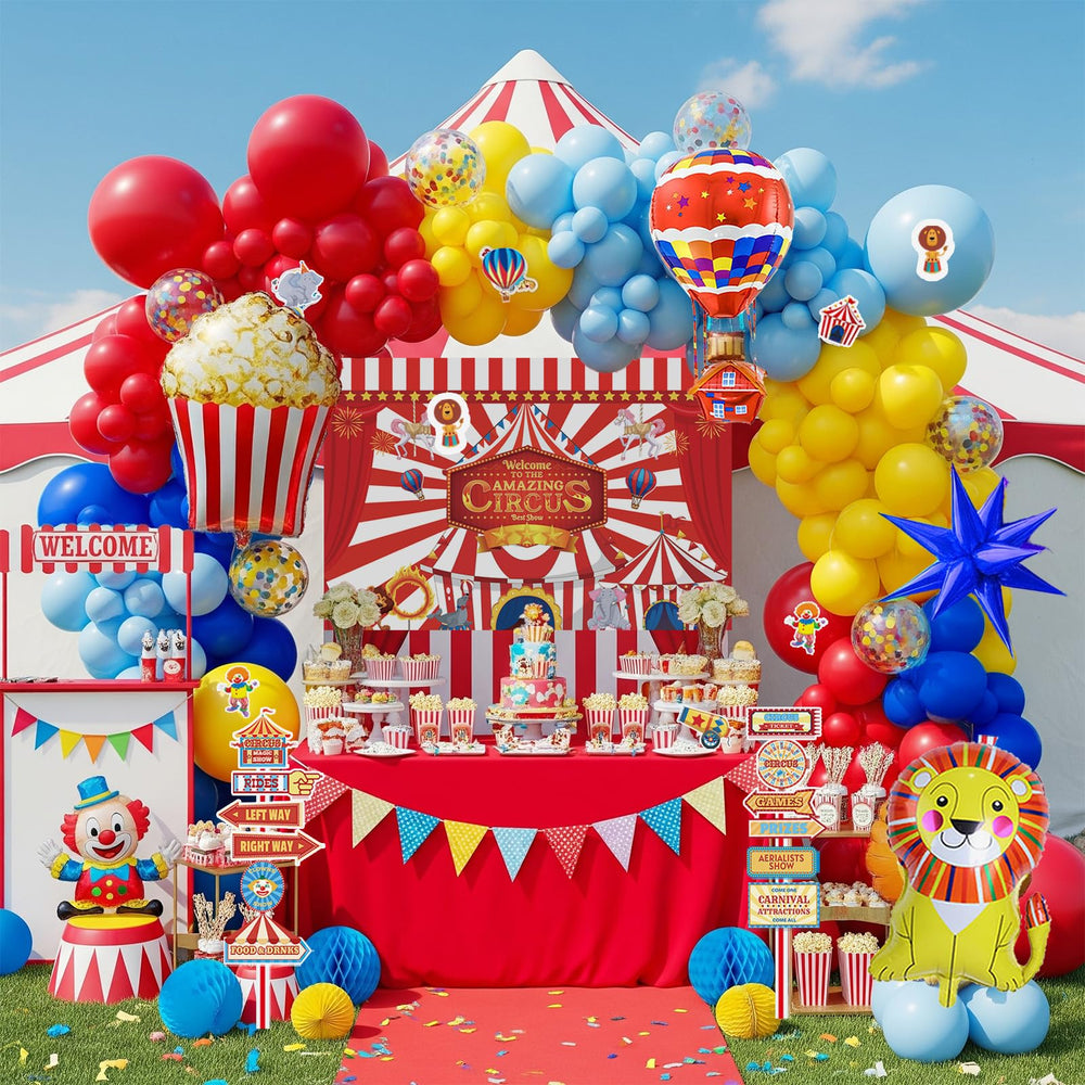 PartyMigo Carnival Kit royal blue balloons create vibrant indoor ambiance.