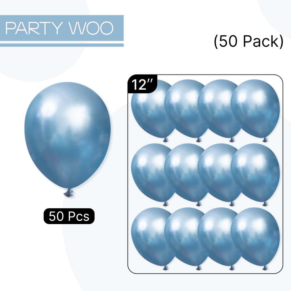 PartyWoo baby shower decor with metallic blue balloons.