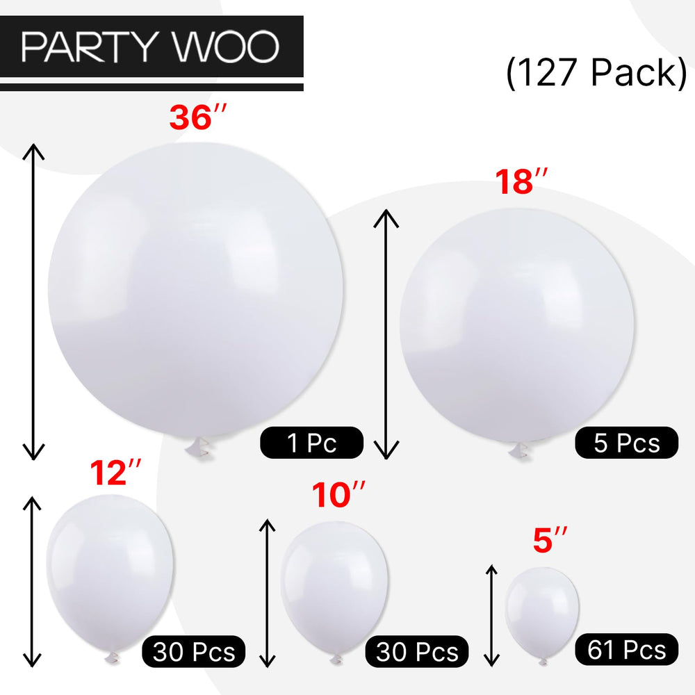 PartyWoo baby shower decor using white balloons for a soft look.
