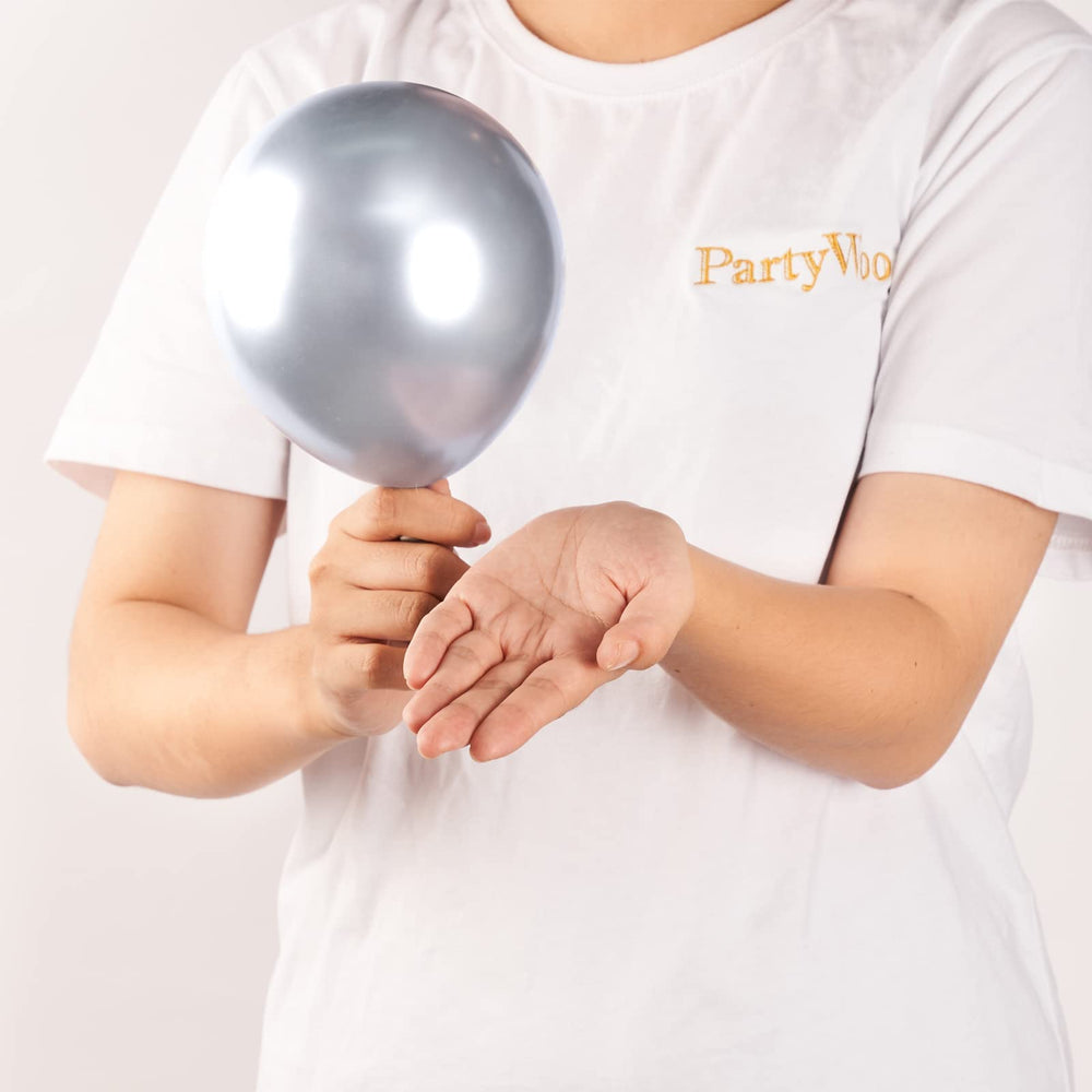 PartyWoo balloon garland idea shows silver balloons for elegant arches