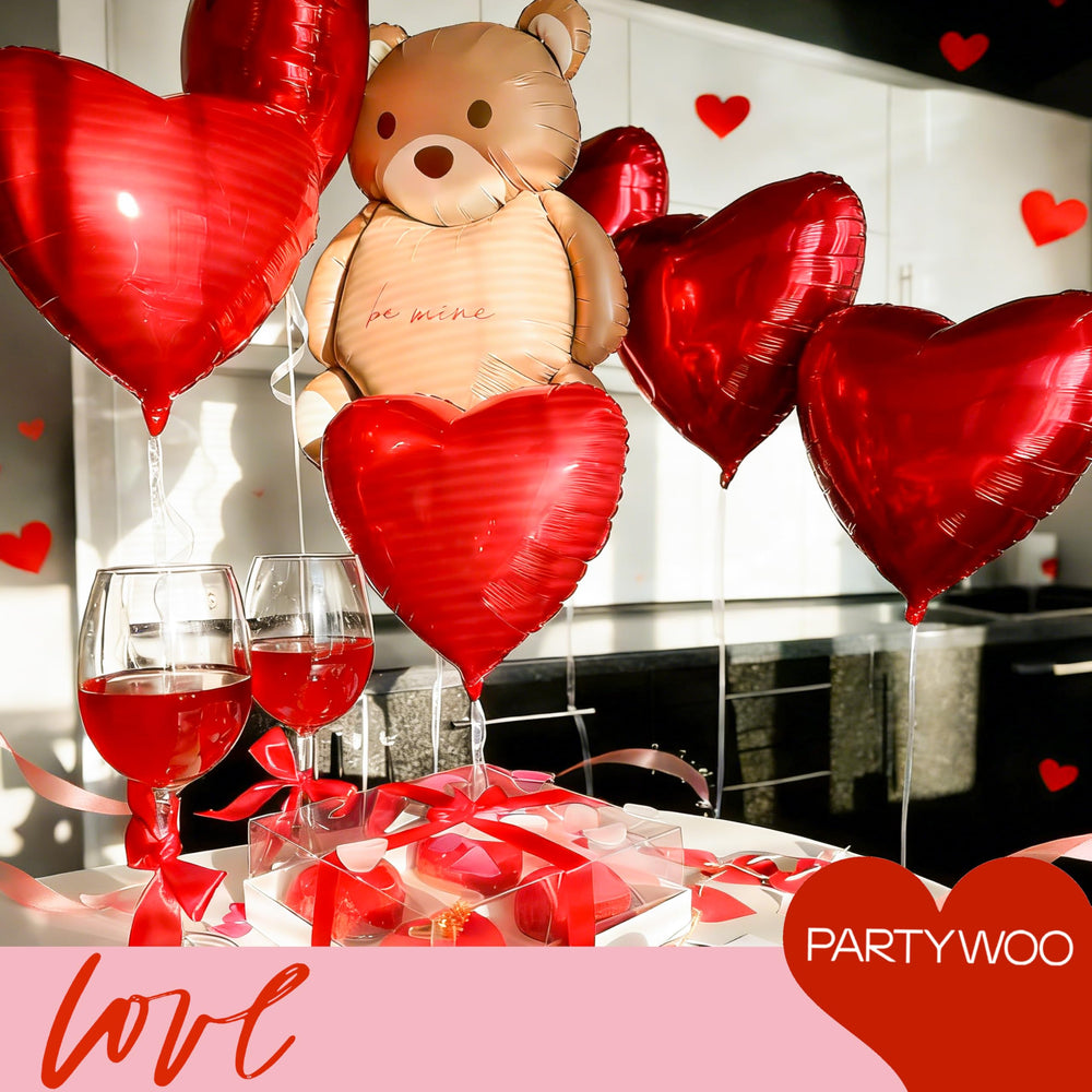 PartyWoo bridal shower decorations feature red heart balloons for festive atmosphere.