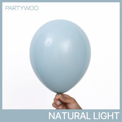 PartyWoo dusty blue 10-inch balloons used as elegant centerpieces and tablescapes.
