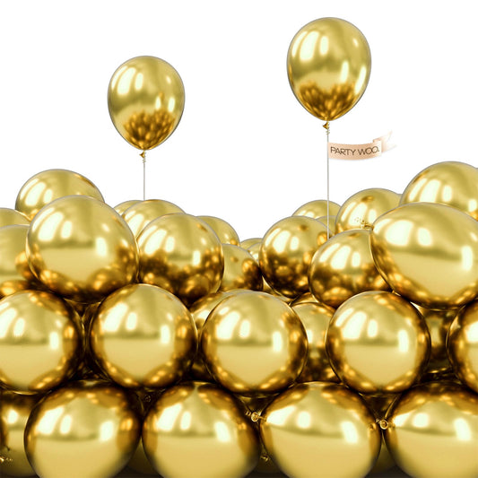 PartyWoo metallic gold balloons 5-inch pack adds vibrant color to parties.