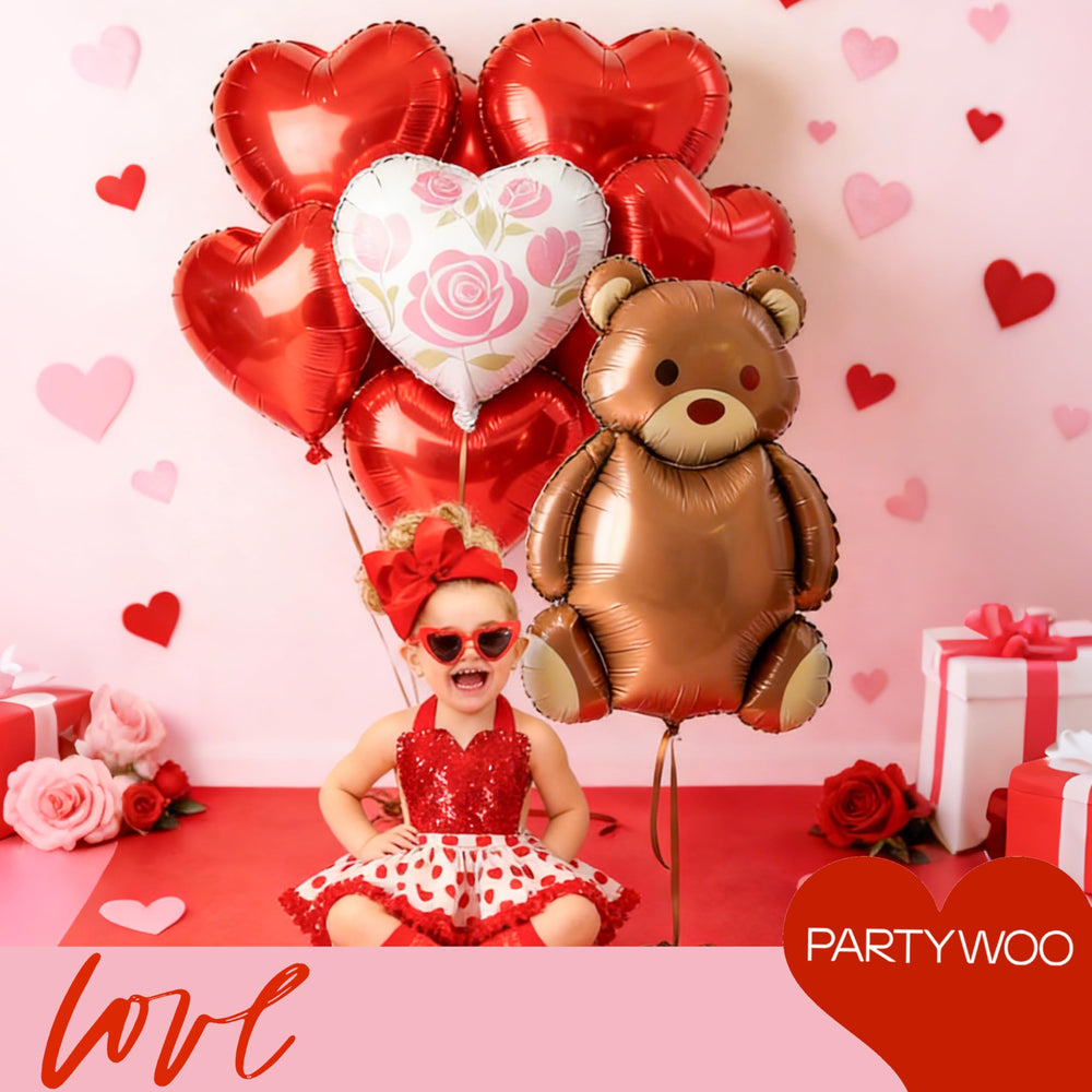 PartyWoo Valentine decor enhances weddings and engagements with shimmering heart and bear balloons.