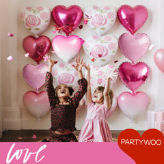 PartyWoo rose-print heart balloons add romantic accents for proposals and anniversaries