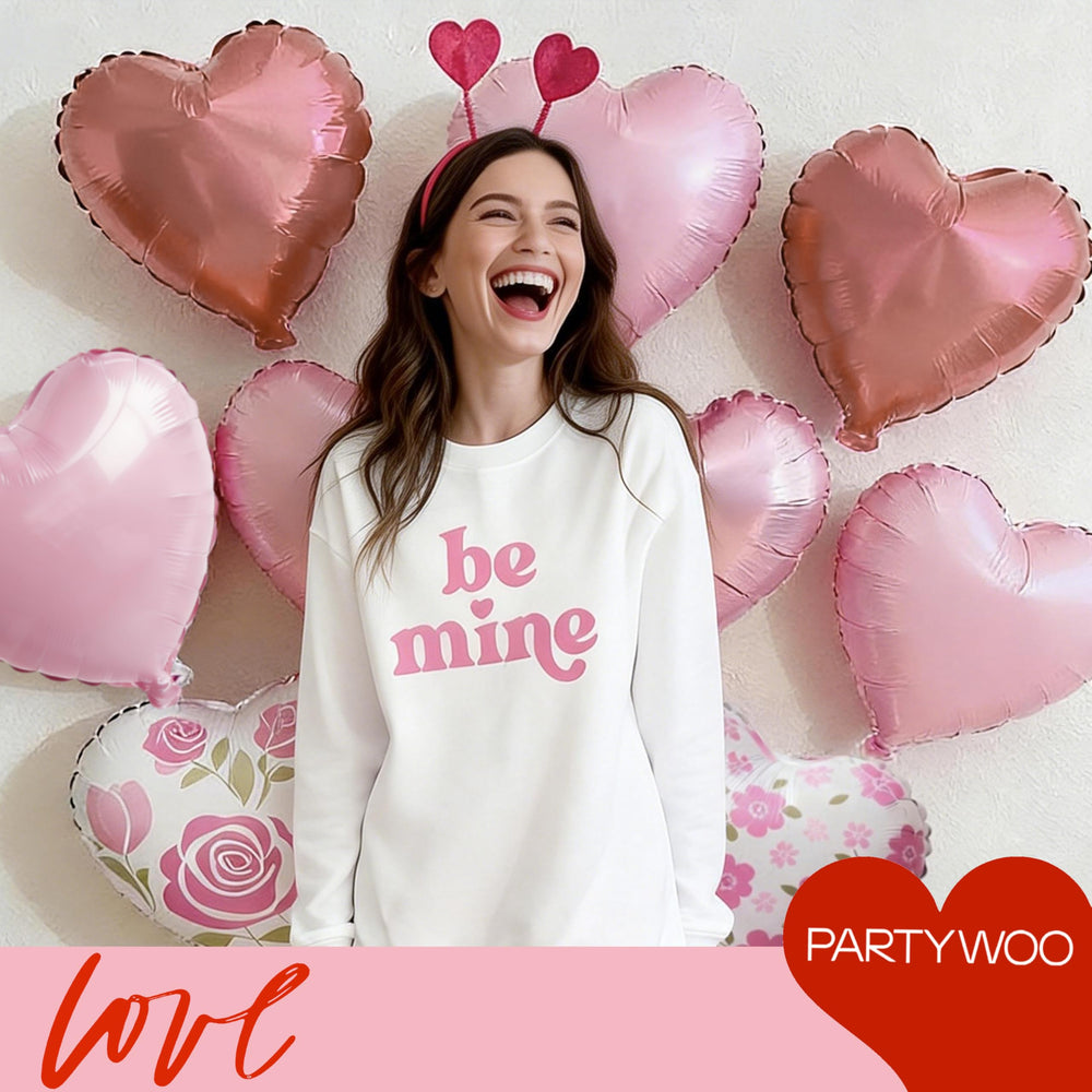 PartyWoo valentines decor collection foil hearts 18in provides cohesive backdrops.