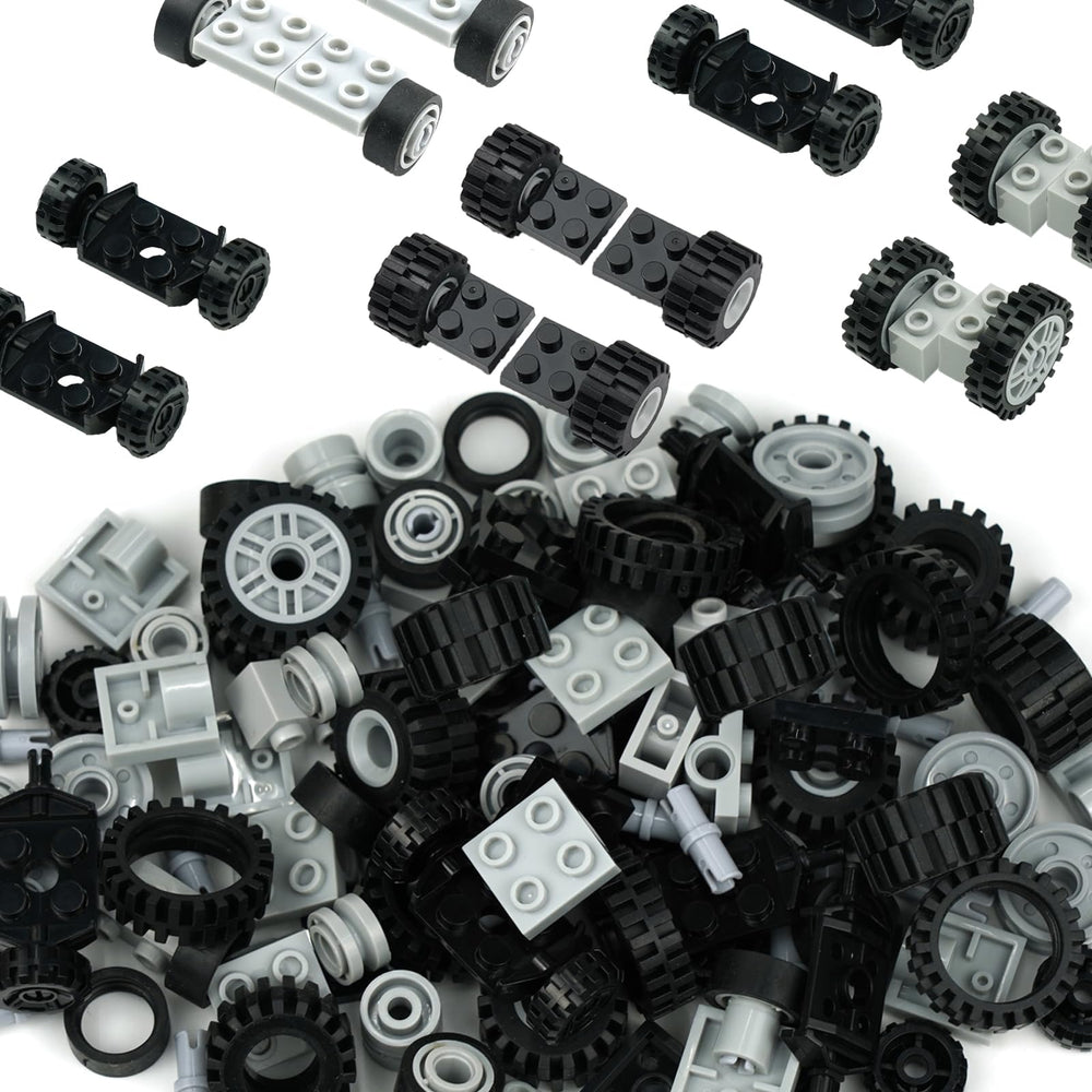 Pasacho wheels set enables easy rolling builds for kids' car projects.