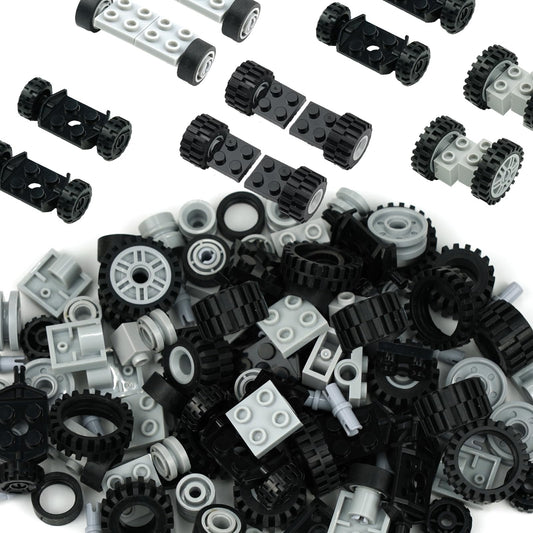 Pasacho wheels set enables easy rolling builds for kids' car projects.