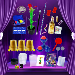 PATIFEED Kids Magic Kit props and tricks laid out for practice.
