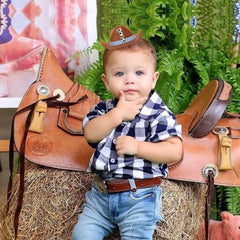 PATRDIO Cowboy 1st Birthday Hat blue elastic band detail showing secure fit.