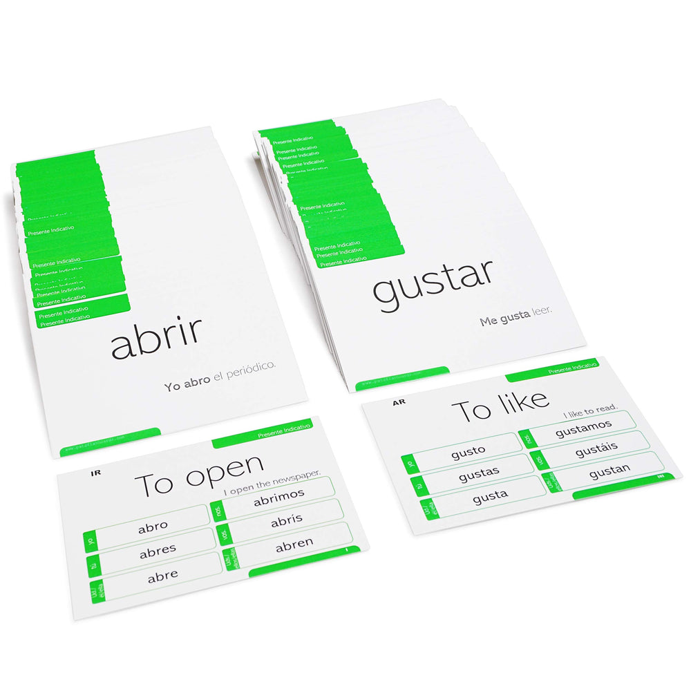 Pat's Flash Cards front-back layout displays verb tense and translations