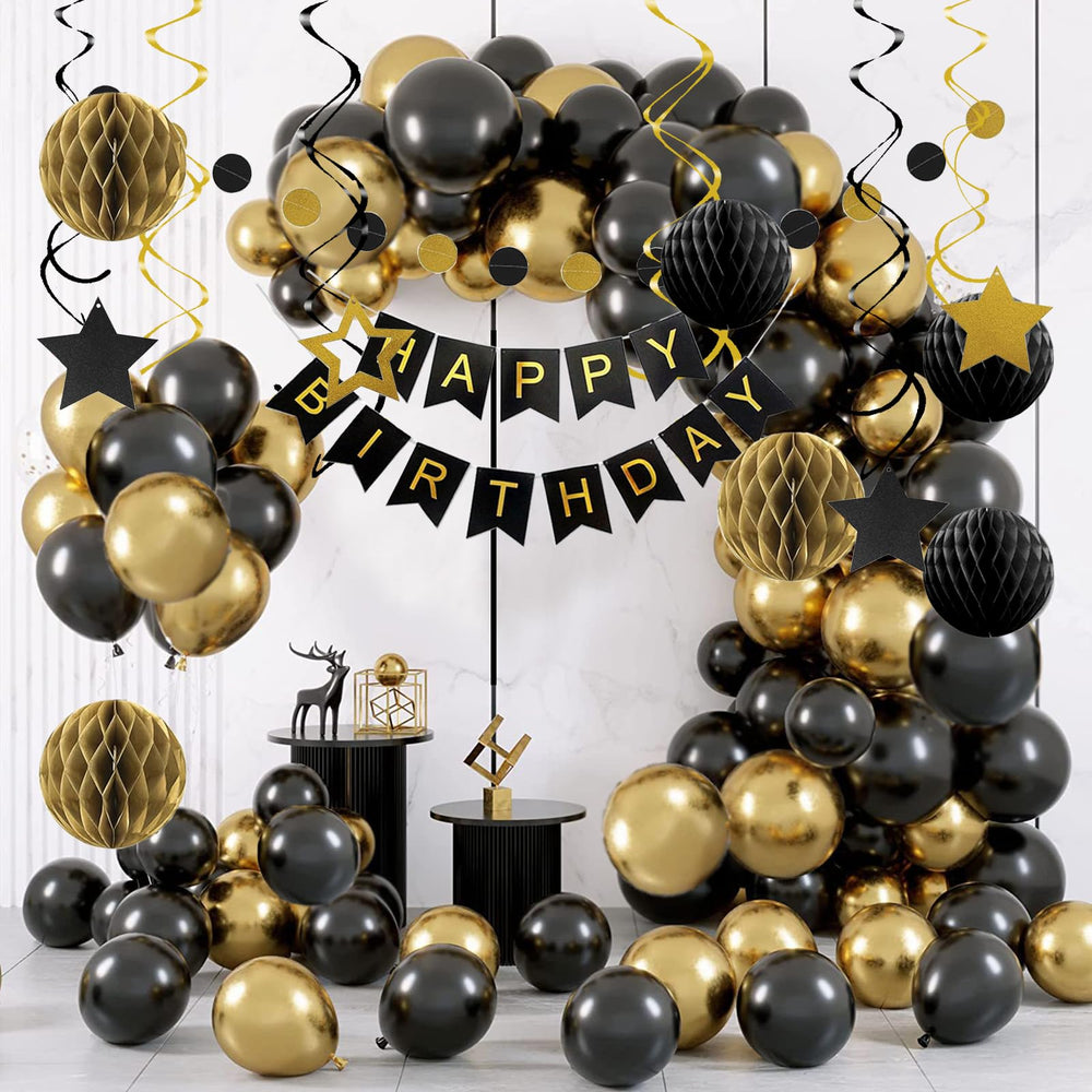 PATYDECRO black-gold party decor ideas demonstrate versatile setup