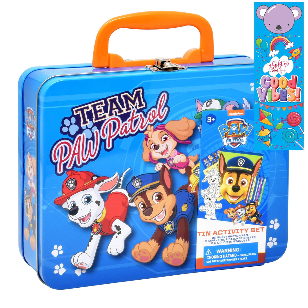 Paw Patrol coloring tin box cover highlighting kids art set for creative play.
