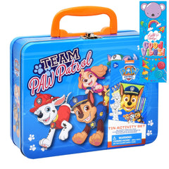 Paw Patrol coloring tin box cover highlighting kids art set for creative play.