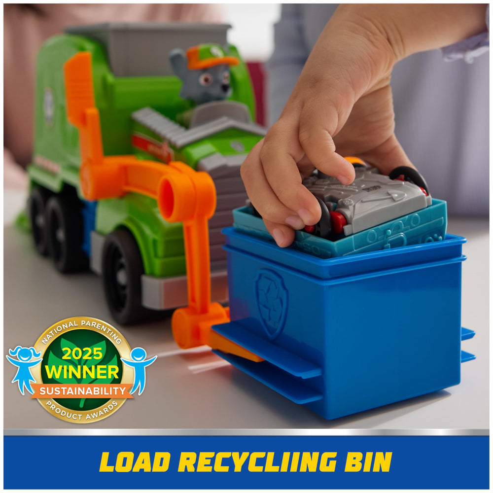 Forklift lifting the bin onto the Paw Patrol truck for interactive play.