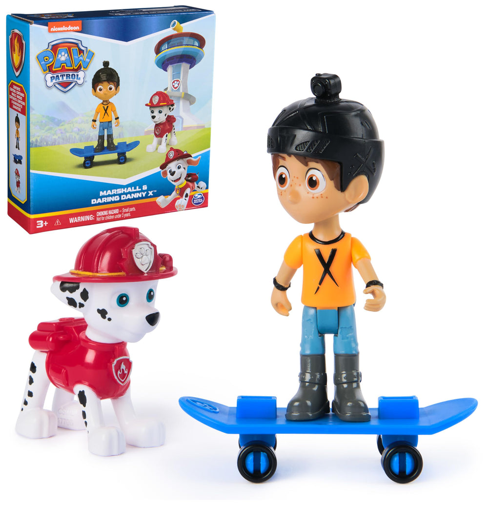 Paw Patrol Marshall figure on skateboard for dynamic rescue play.
