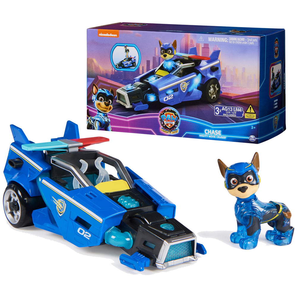 PAW Patrol Mighty Movie Chase cruiser front view with lights for action-packed rescue play.