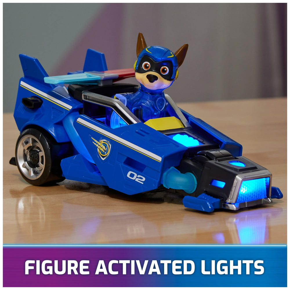 PAW Patrol Mighty Movie Chase figure lit-up showing translucent parts for realistic glow.