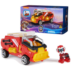 Paw Patrol Mighty Movie fire truck with Marshall figure lights up during pretend rescues